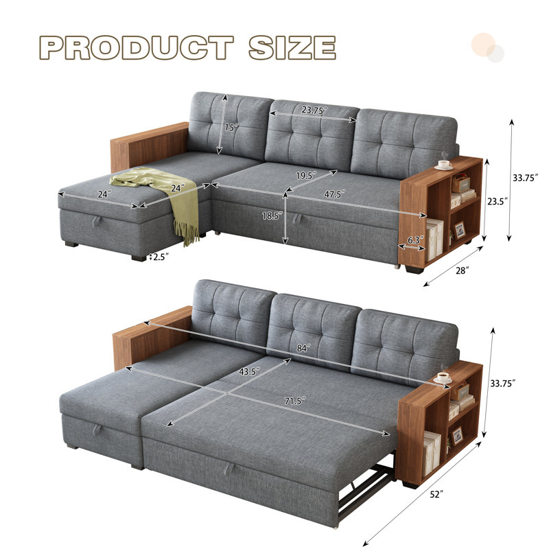 Canapé modulaire avec méridienne de rangement, canapé d'angle convertible, main courante, Lin gris