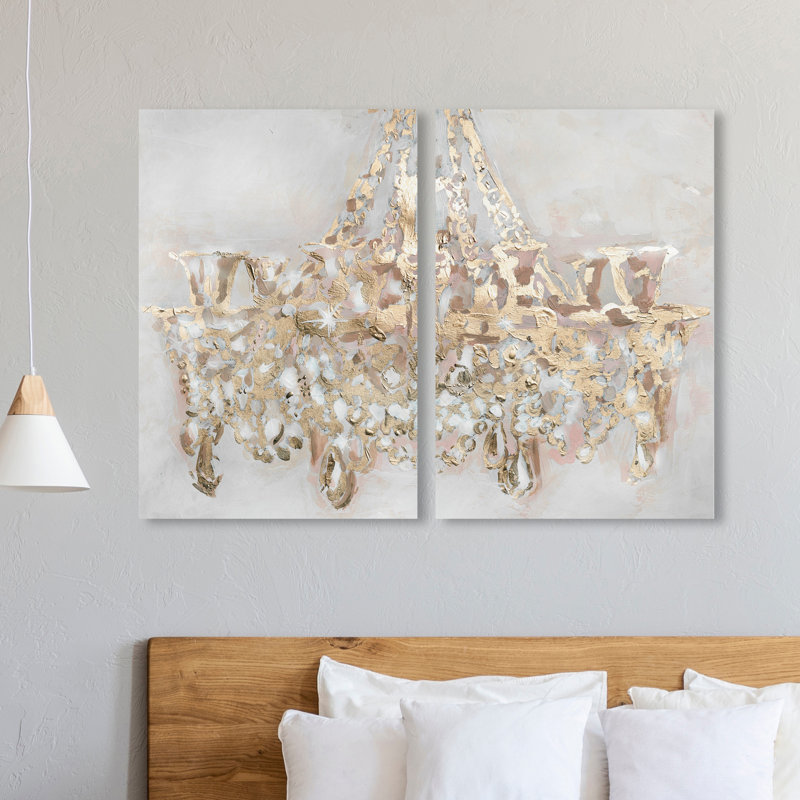 Lustre abstrait doré glam - 2 pièces sur toile tendue pour salle à manger, H 36 po x l 48 po x P 1,5 po