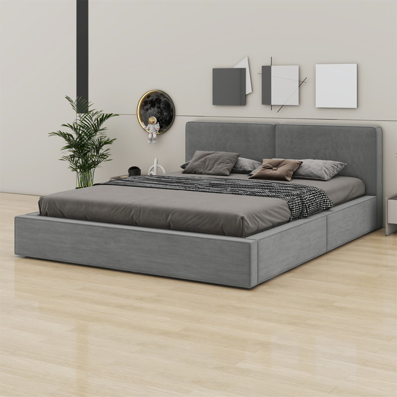 Lit plateforme tapissier avec structure solide, Gris