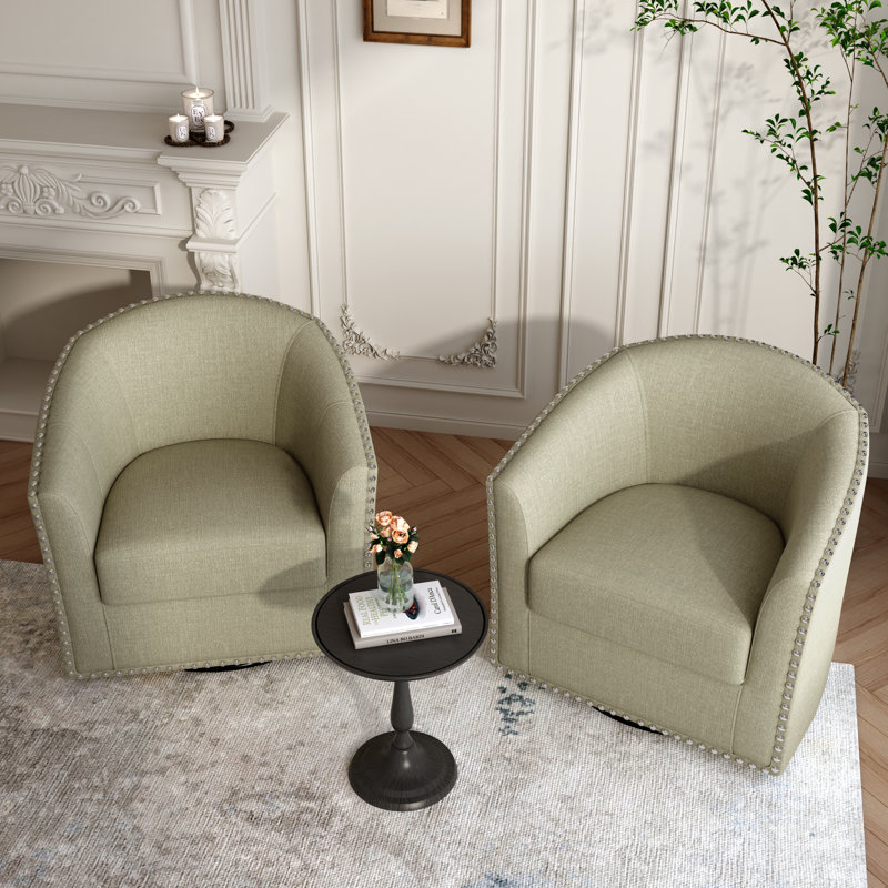 Aunna Nailhead Swivel Barrel Chair, Light Camel Polyester Blend