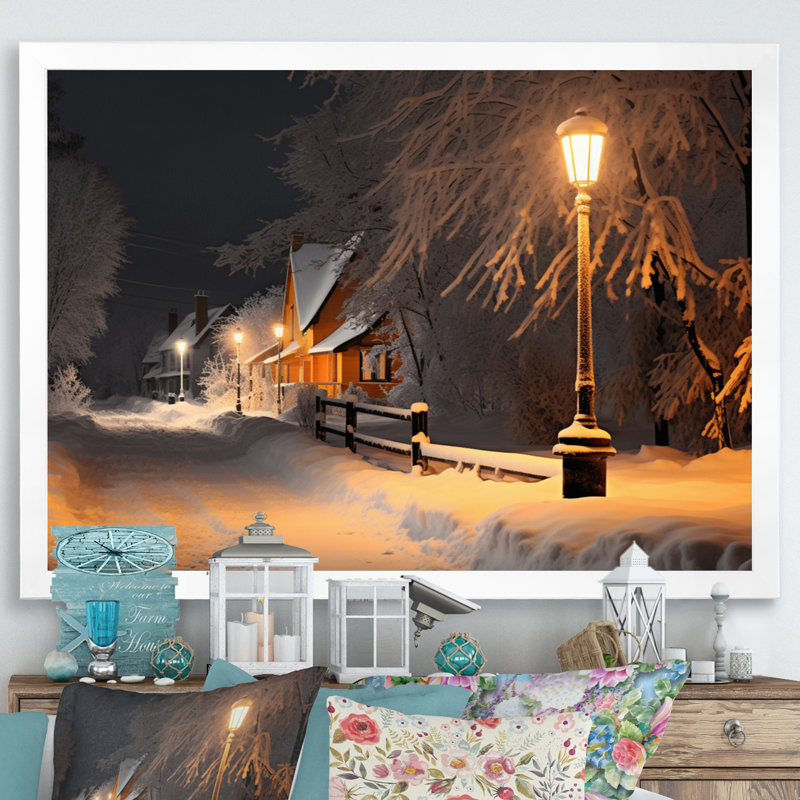 Monochromes d'hiver, rue charmante II, reproduction sur toile, Cadre simple blanc, H 16 po x l 32 po x P 1 po
