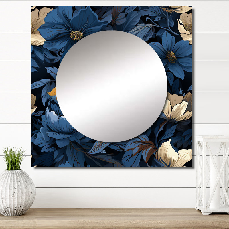 Nightfall - Motif floral bleu foncé et blanc - Miroir floral carré pour décoration murale, 36 po x 36 po