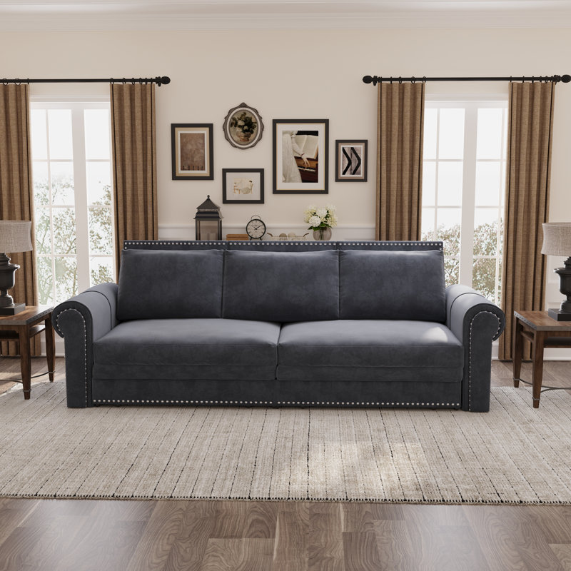Canapé Chesterfield, très grand canapé-lit, canapé-lit convertible en velours 3 en 1 avec garniture cloutée et accoudoirs roulés, canapé-lit multifonctionnel