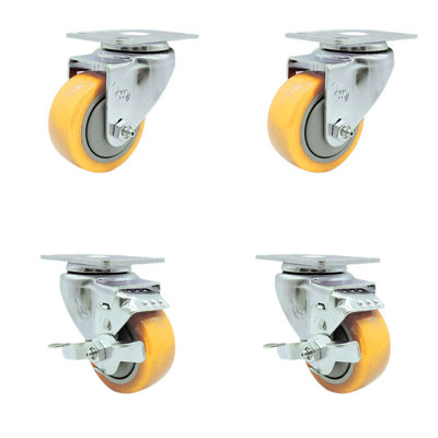 3 Inch Yellow Polyurethane Wheel Swivel Top Plate Caster Set with 2 Brakes SCC