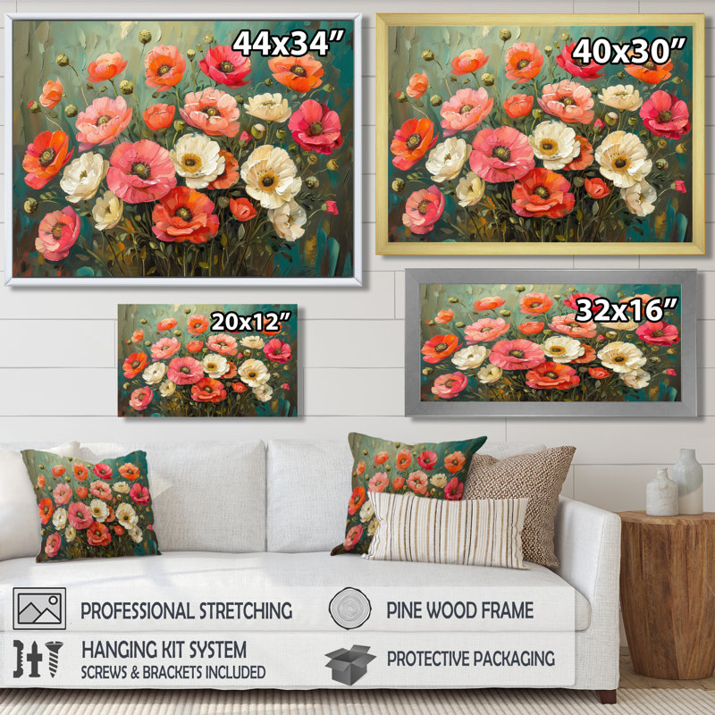Rose blanc, coquelicots, bouquet radieux - coquelicots, art mural, Toile encadrée blanche avec une seule photo