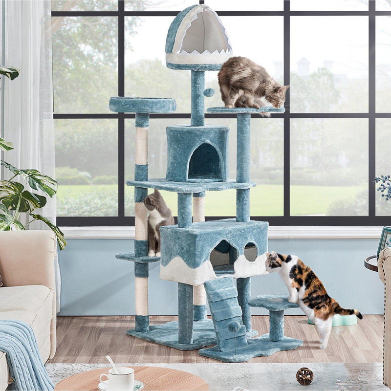 Ocean-Themed Blue and White Multi-Level Cat Tree Tower with Shark Bed