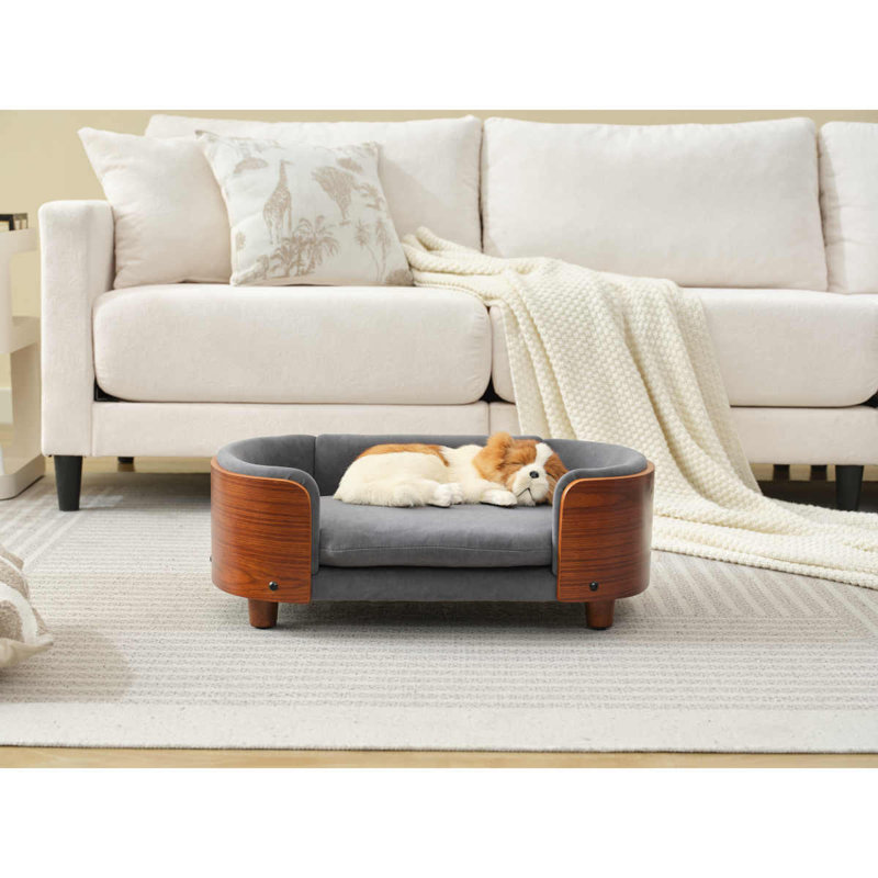 Canapé en velours pour chien avec pieds en bois massif et dossier en bois courbé, H 9,85 po x l 30,7 po x P 20,08 po