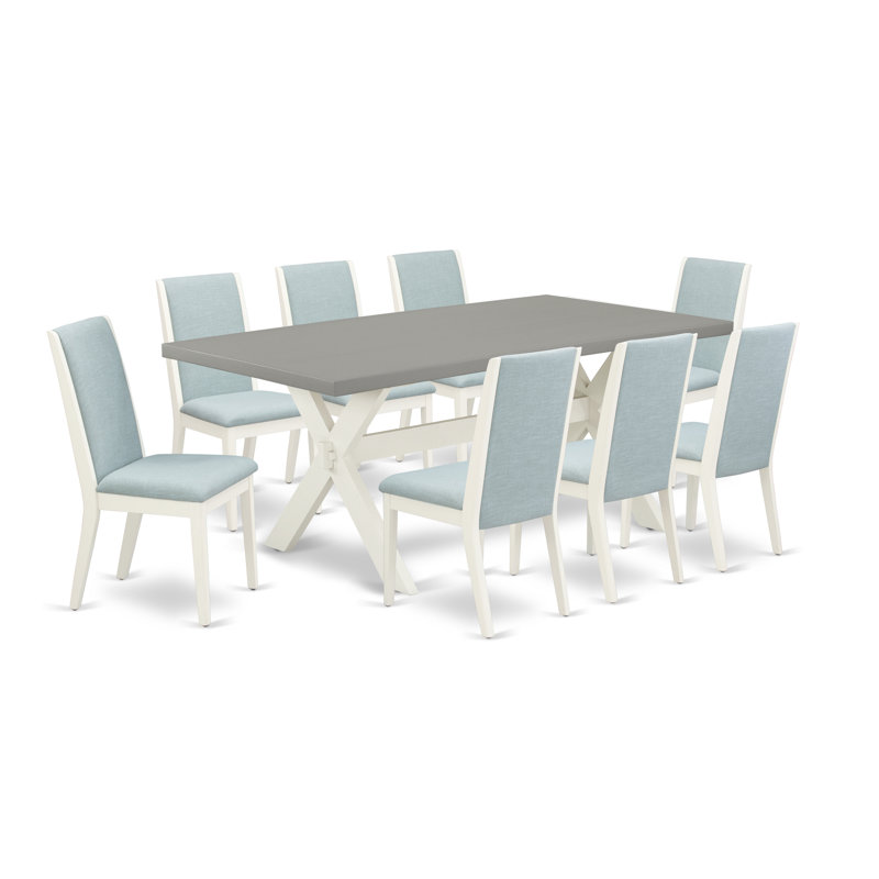Ensemble de table de cuisine 9 pièces comprenant une table de salle à manger rectangulaire avec pieds en X et 8 chaises de salle à manger Parsons en tissu bleu bébé, lin blanc