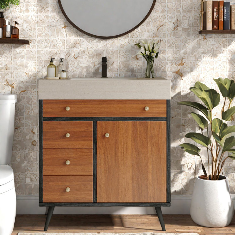 Meuble-lavabo et lavabo modernes avec plateau en faux marbre, rangement spacieux