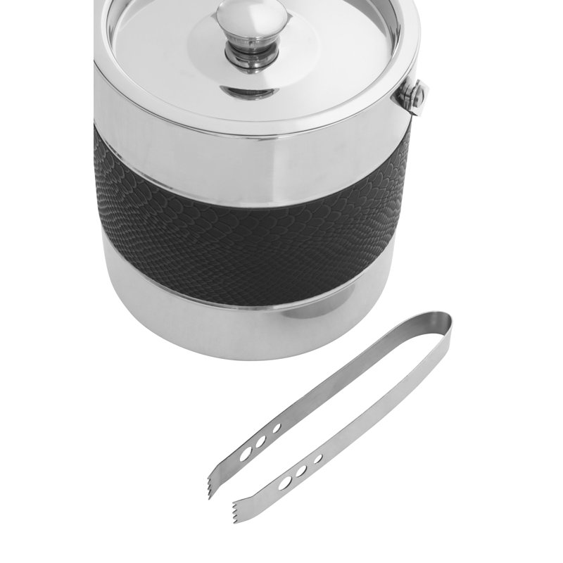 Aldrin Silver Finish Ice Bucket With Tongs, Black/Silver