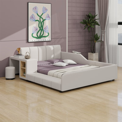 Upholstered Grounded Bed, Mother & Child Bed With Bedside Desk And Little Round Stool