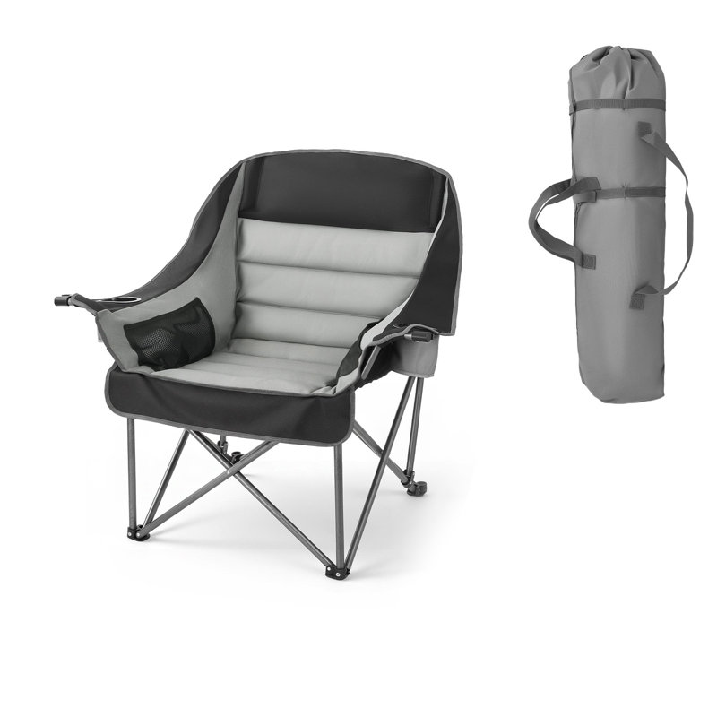 Oversized Camping Chairs, 450 lbs Heavy Duty Support, Portable Padded Folding Camp Chairs with Dual Cup Holders & Wine Glass Holders, Carry Bag for Outdoor, Fishing, Black & Gray
