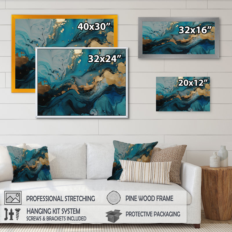 Exploration des profondeurs de la géode bleue dorée II - reproduction, H 12 po x l 20 po x P 1 po, Cadre flottant noir