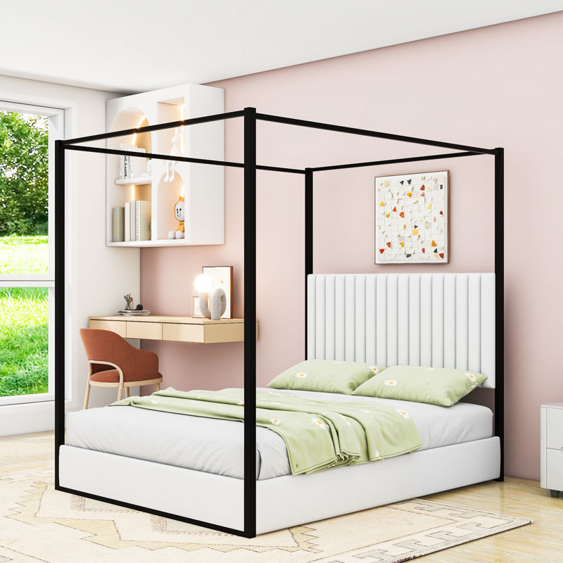 Lit plateforme tapissier avec tête de lit et auvent, Blanc, Grand lit