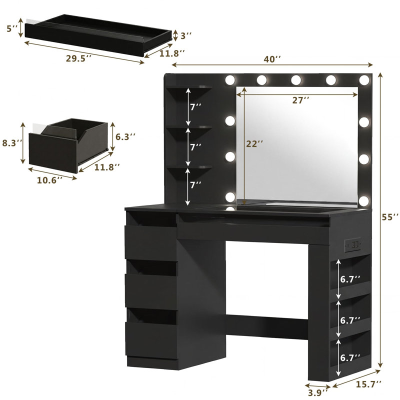 Bureau de coiffeuse avec miroir lumineux Melanni, Noir