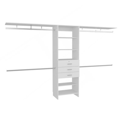 Plego 69"W - 118"W Drawers Closet System, Five Shelves, Four Hanging Rods, Three Drawers White