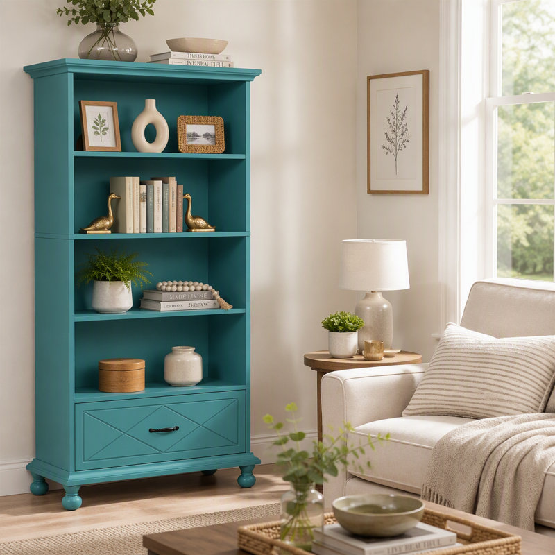 Bibliothèque à 5 tablettes avec tiroir, bibliothèque de 71 po avec pieds en bois massif, Ocean Blue