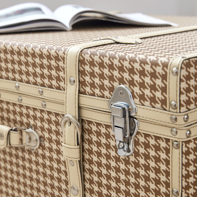 Preppy Houndstooth Designer Trunk with Wheels, Light Brown