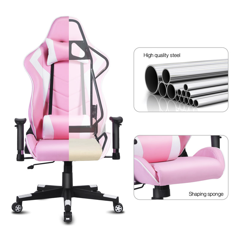 Inbox Zero Adjustable Reclining Ergonomic Swiveling PC & Racing Game Chair, Pink/White