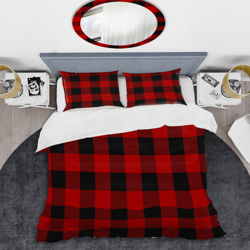 Tartan à carreaux rouge et noir - Ensemble de housse de couette abstrait - Microfibre de polyester