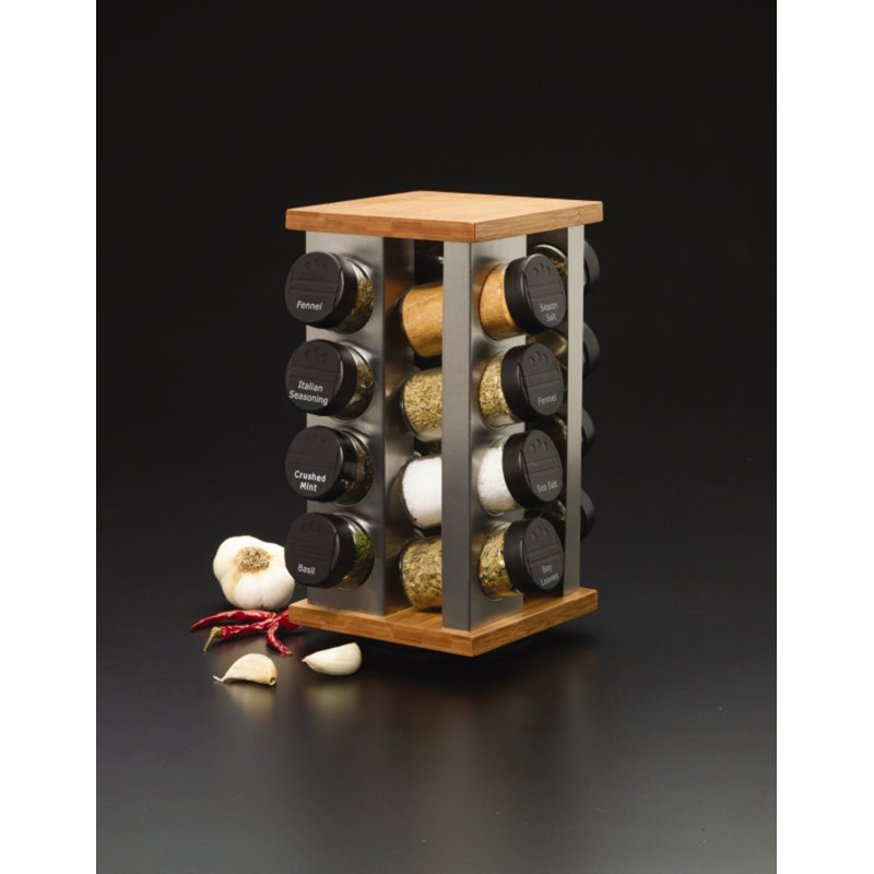 Bamboo and Stainless Steel Revolving Countertop Spice Rack with 16 Jars