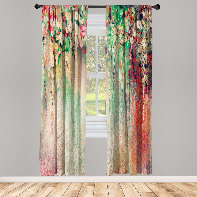 Microfiber Floral Semi-Sheer Rod Pocket Curtain Panels, 28" W x 63" L, Red/Green/Pink