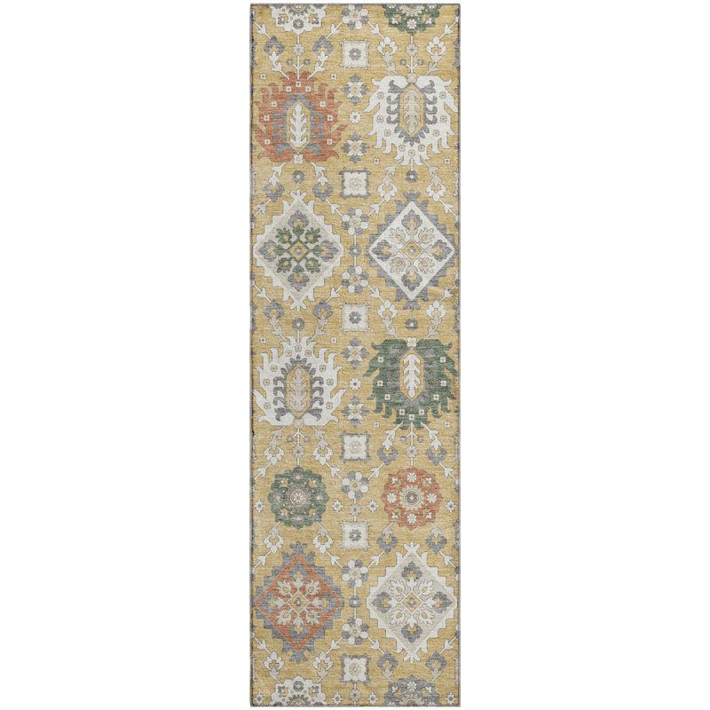 Premium Machine Washable Mayfield AMF2200 bohemian Rug, Gold, 2'3" x 7'6" Runner