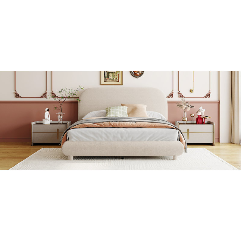 Lit plateforme en tissu d'ameublement Teddy, Beige, Lit double