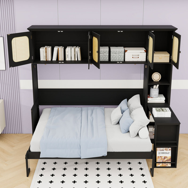Lit escamotable double en bois avec bureau intégré, Noir