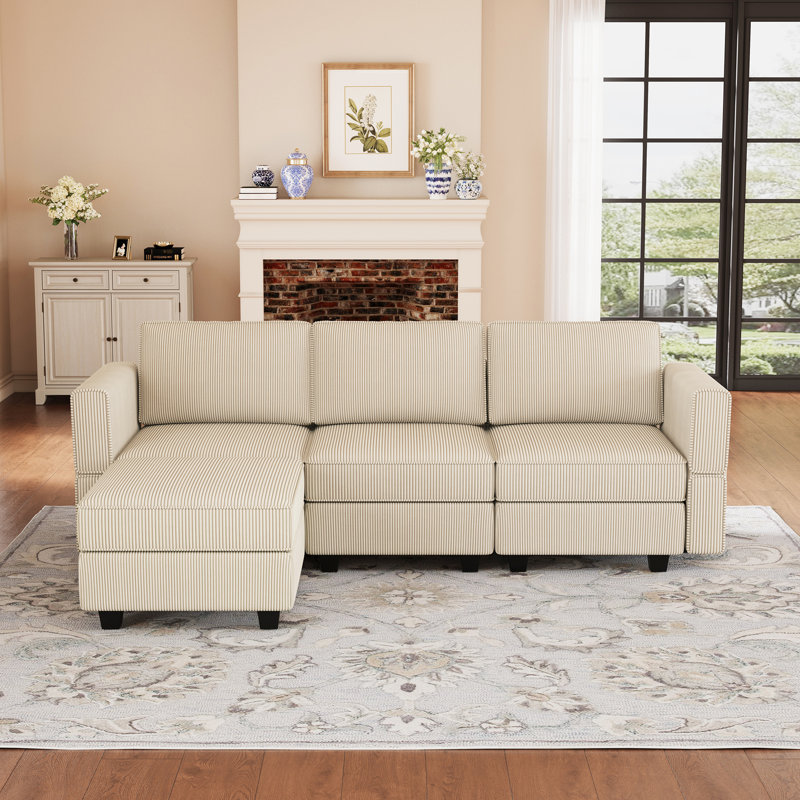 Corduroy 3-Seat Couch Modular Small Sofa, Comfy Upholstered Sofa For Living Room, Apartment, Office, Beige Corduroy