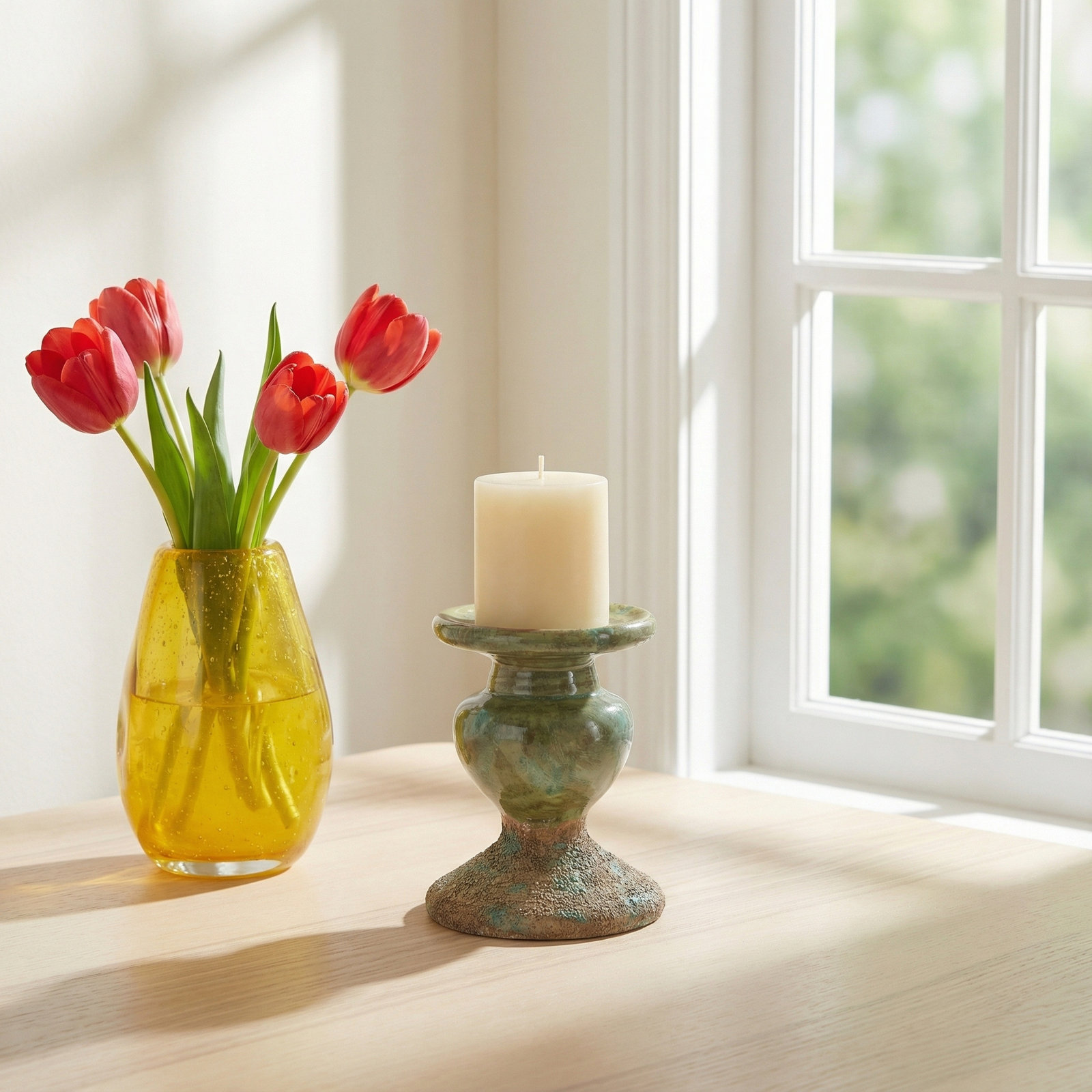 Waikiki Earthenware Tabletop Candlestick, Distressed Green, 6.5" H x 5.5" W x 5.5" D