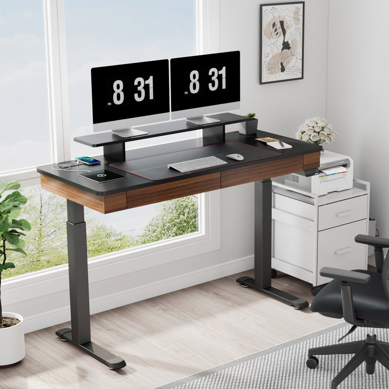 Metal Base Standing Desk with Power Outlet, Black/Brown, 122cm H x 140cm W x 61cm D