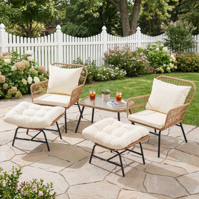5 Piece Outdoor Wicker Boho Patio Conversation Set with Ottomans and Side Table