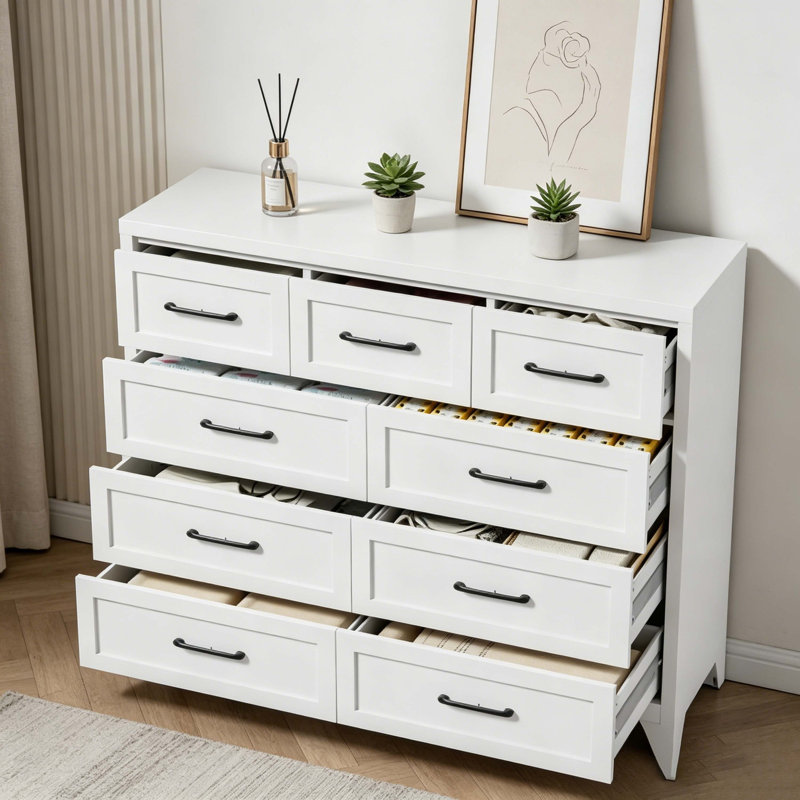Commode blanche à 9 tiroirs, grande commode avec tiroirs coulissants pour la chambre à coucher, le salon et le vestibule