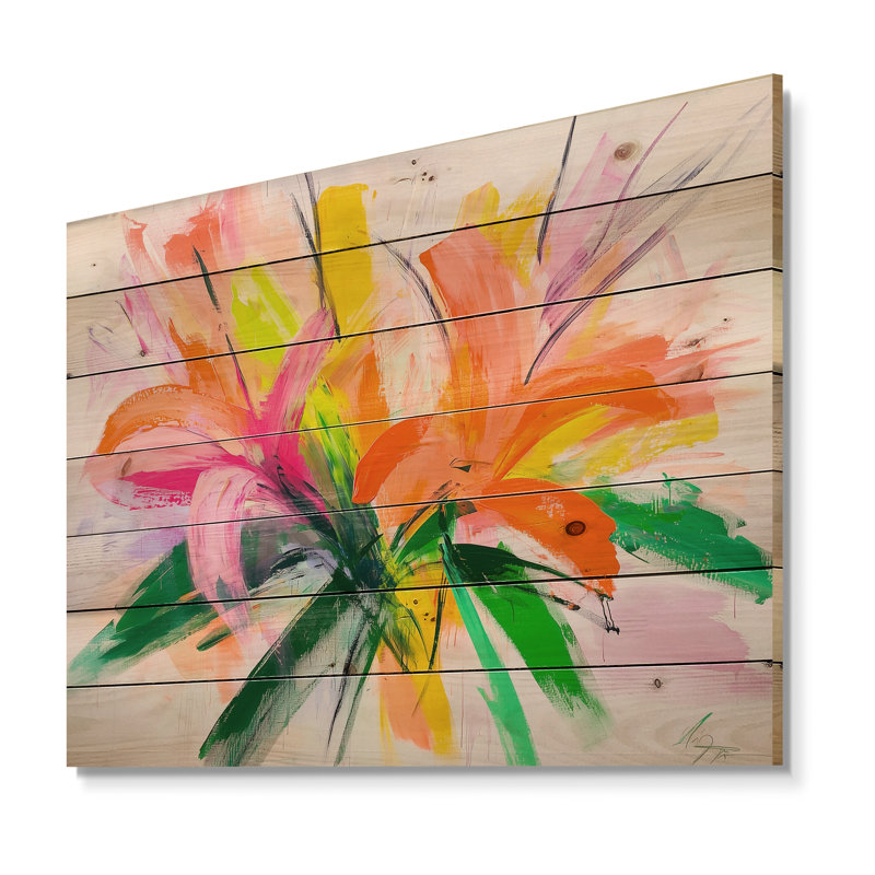 Bouquet tropical de palmiers I - impression traditionnelle en bois orange sur bois de pin naturel, H 30 po x l 40 po
