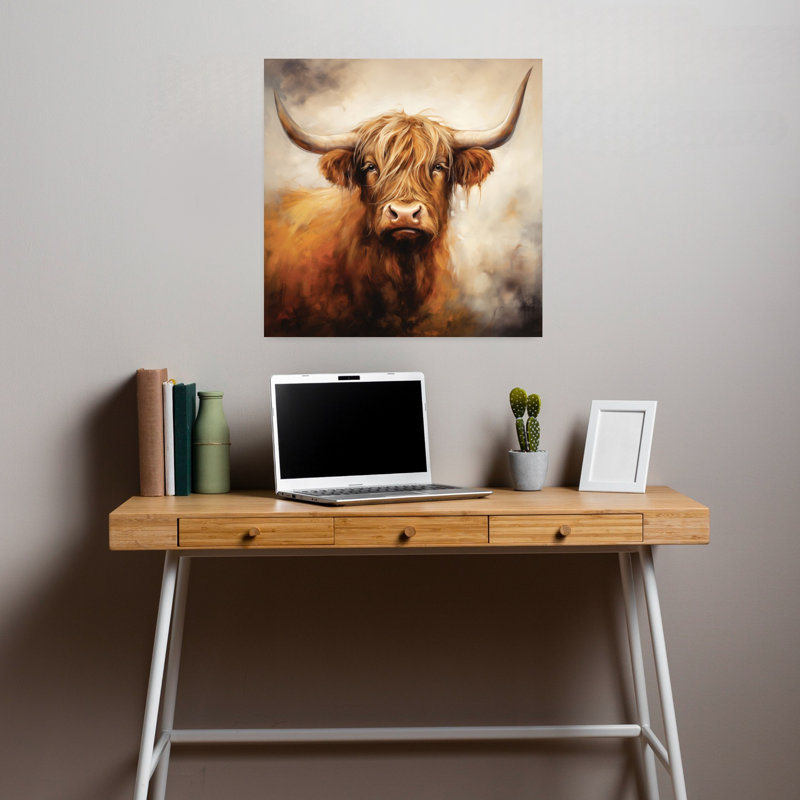 Art contemporain rustique avec vache Highland, H 18 po x l 18 po