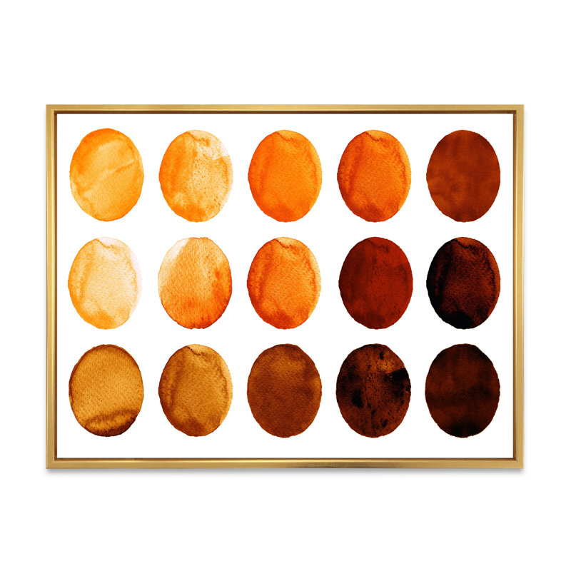 Neuf cercles dans des tons d'orange et de brun II - reproduction sur toile, H 16 po x l 32 po, Cadre flottant doré