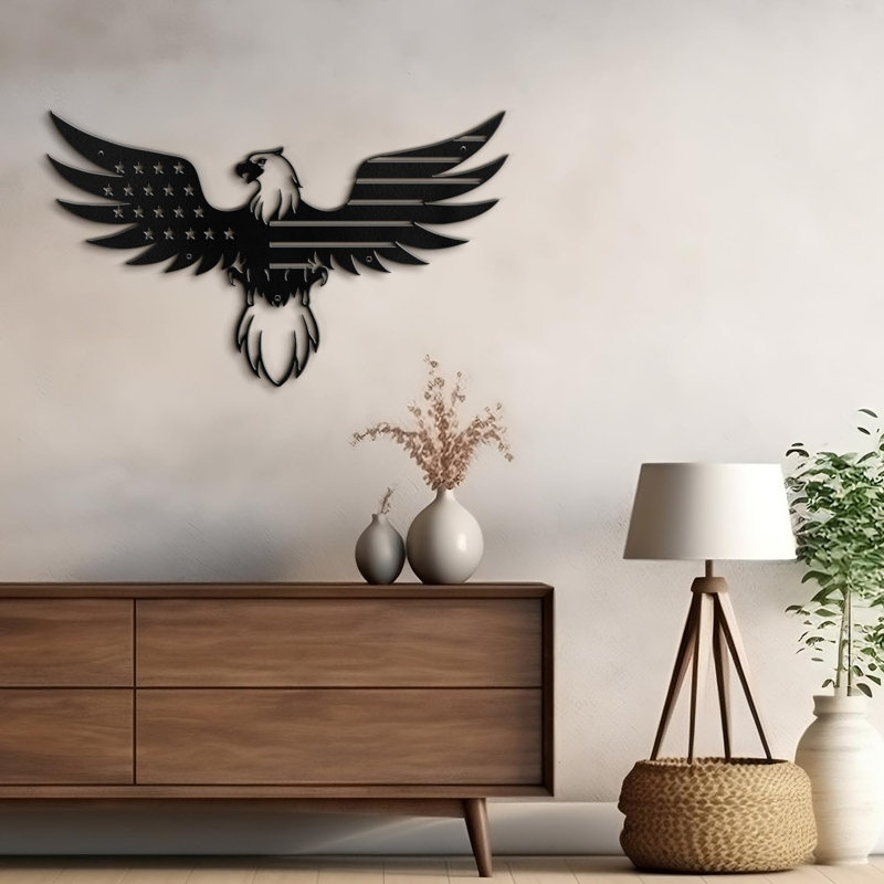 Eagle Wearing American Flag Minimalist Modern Animal Metal Wall Art Decor Wall Sculpture Hangings, 18" H x 36" W x 0.05" D