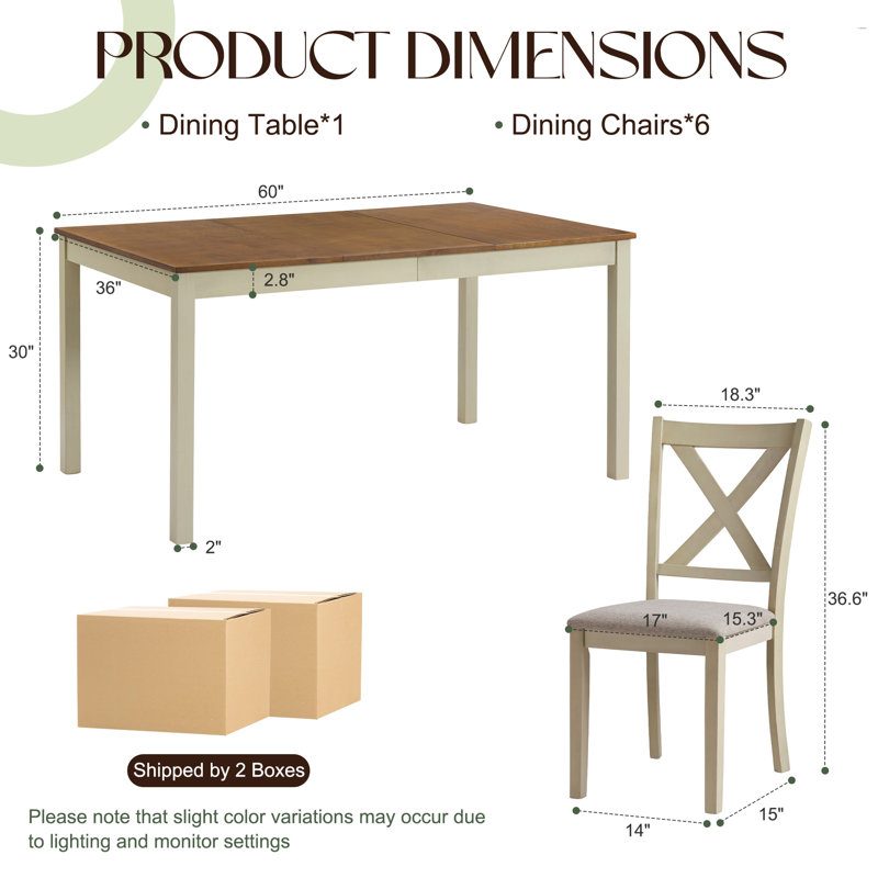 Deral 6 - Person Farmhouse Rectangular Solid Wood Dining Set, Brown/White, Brown/White, White