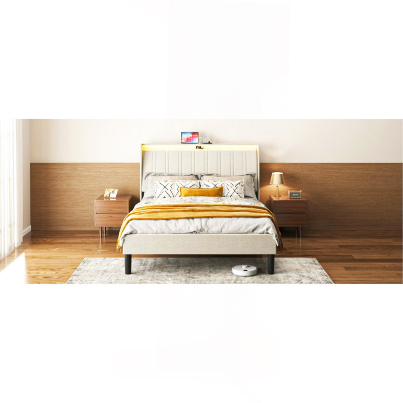 Base de lit plateforme simple avec tête de lit tapissier en tissu et support en lattes de bois, Lit simple
