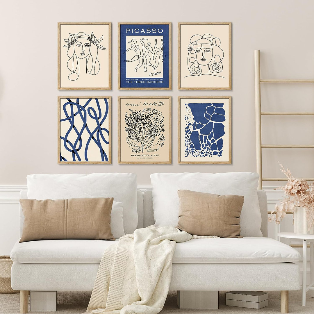 " SIGNLEADER Framed Poster Navy Blue Abstract Picasso Portrait Gallery Vintage Retro Antique Mixed Media Illustrations Fine Art Decorative Country/Farmhouse Relax/Calm For Bedroom " 6 - Pieces SIGNLEADER 
