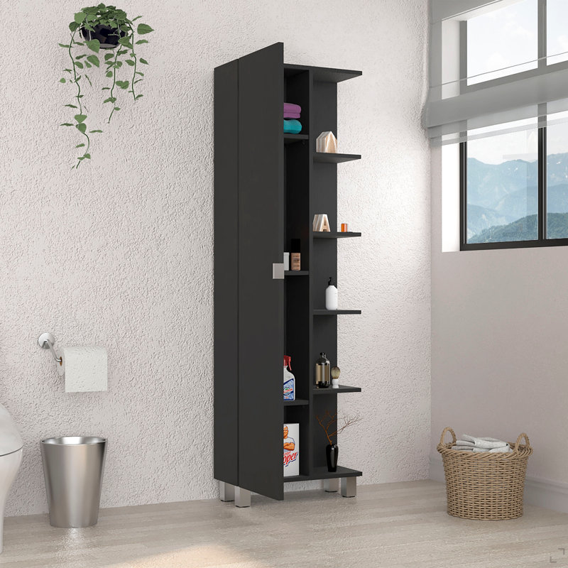 Armoire à linge miroir Urano, quatre tablettes intérieures, cinq tablettes extérieures - noir, Noir