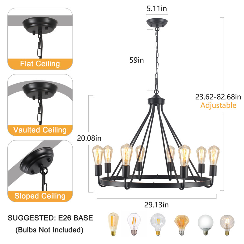 8 - Light 29 inch Rustic Vintage Round Wagon Wheel Chandelier for Dining Room, Black