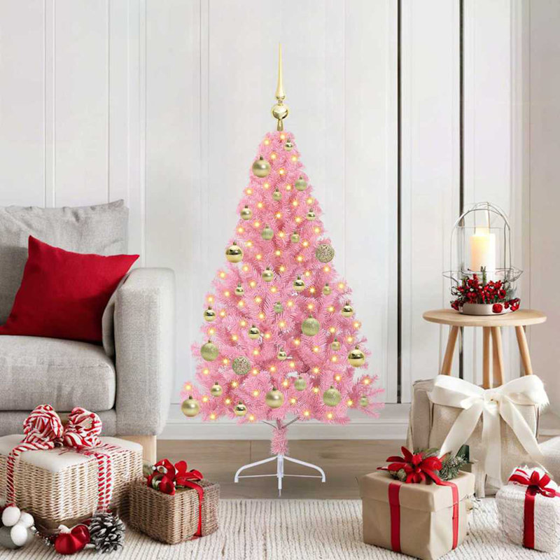  Artificial Pre-lit Christmas Tree PVC, Pink/Gold, 3.94' H