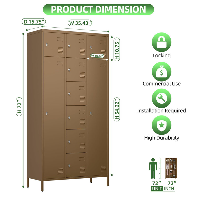 Casiers de rangement en métal H 72 po avec 10 portes et tringle, casiers pour employés industriels avec 2 grandes et 8 petites portes pour salle de gym, école, bureau, assemblage requis