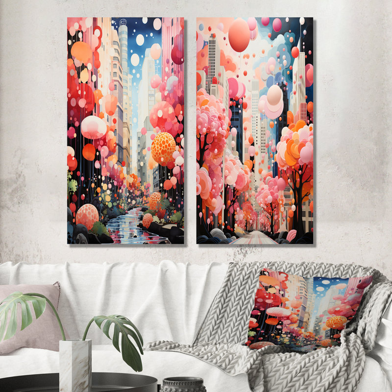 Bubble Gum Cityscape Horizon I - Ensemble de salon mural art déco urbain 2 pièces, Toile tendue, H 32 po x l 33 po