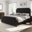 Structure de lit plateforme en velours pour grand lit avec tête et pied de lit capitonnés de 50,2 po de hauteur, garniture cloutée, aucun sommier tapissier requis, structure de lit tapissier noir, conception à rainure verticale-1732873481-1732873479