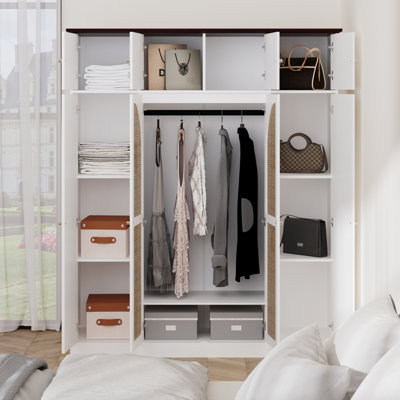 70.87"Tall 8-Door Large Capacity Armoire Wardrobe Closet With Hanging Rod, Adjustable Shelves And Rattan Decorative Doors, Clothing Storage Cabinet For Bedroom, Walk-In Closet, Living Room