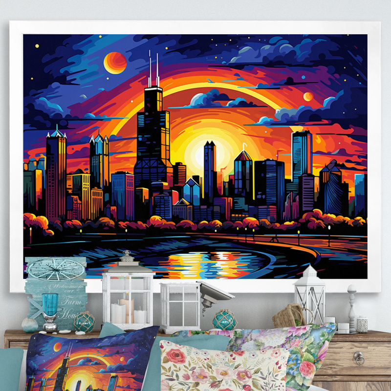 Chicago Popart I sur impression sur toile, H 16 po x l 32 po x P 1 po, Cadre simple blanc