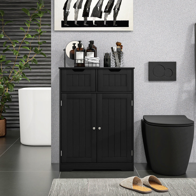Armoire de salle de bain autoportante avec 2 tiroirs et tablette réglable, Noir, noir, noir, noir
